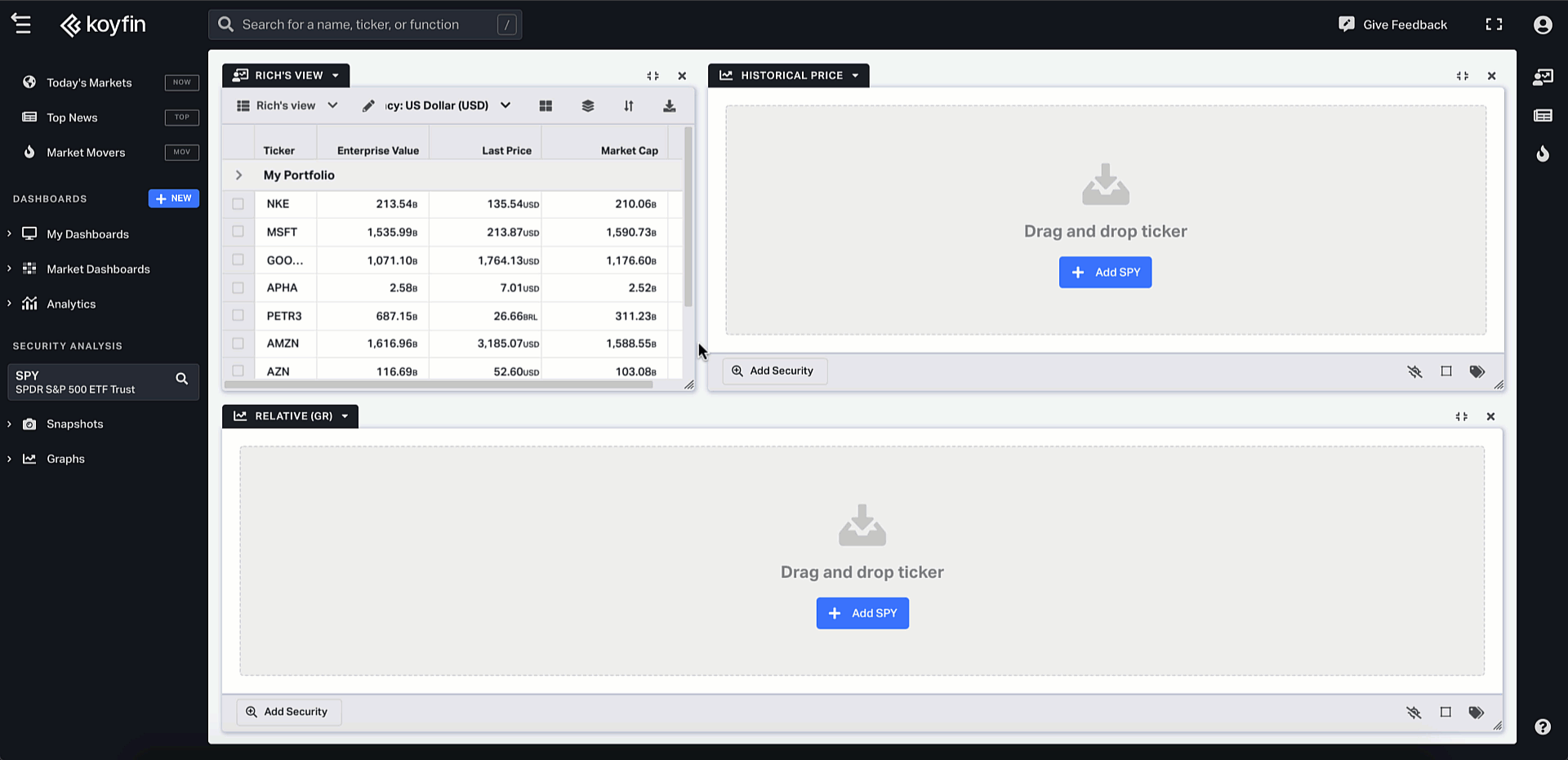 Drag and drop symbols from your watchlists on Koyfin