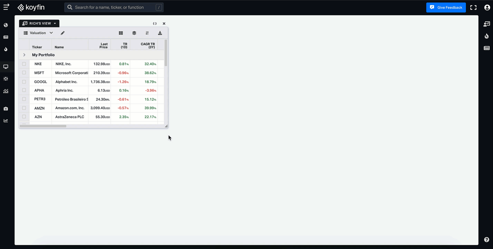 Separate dashboards or watchlists for every asset on Koyfin