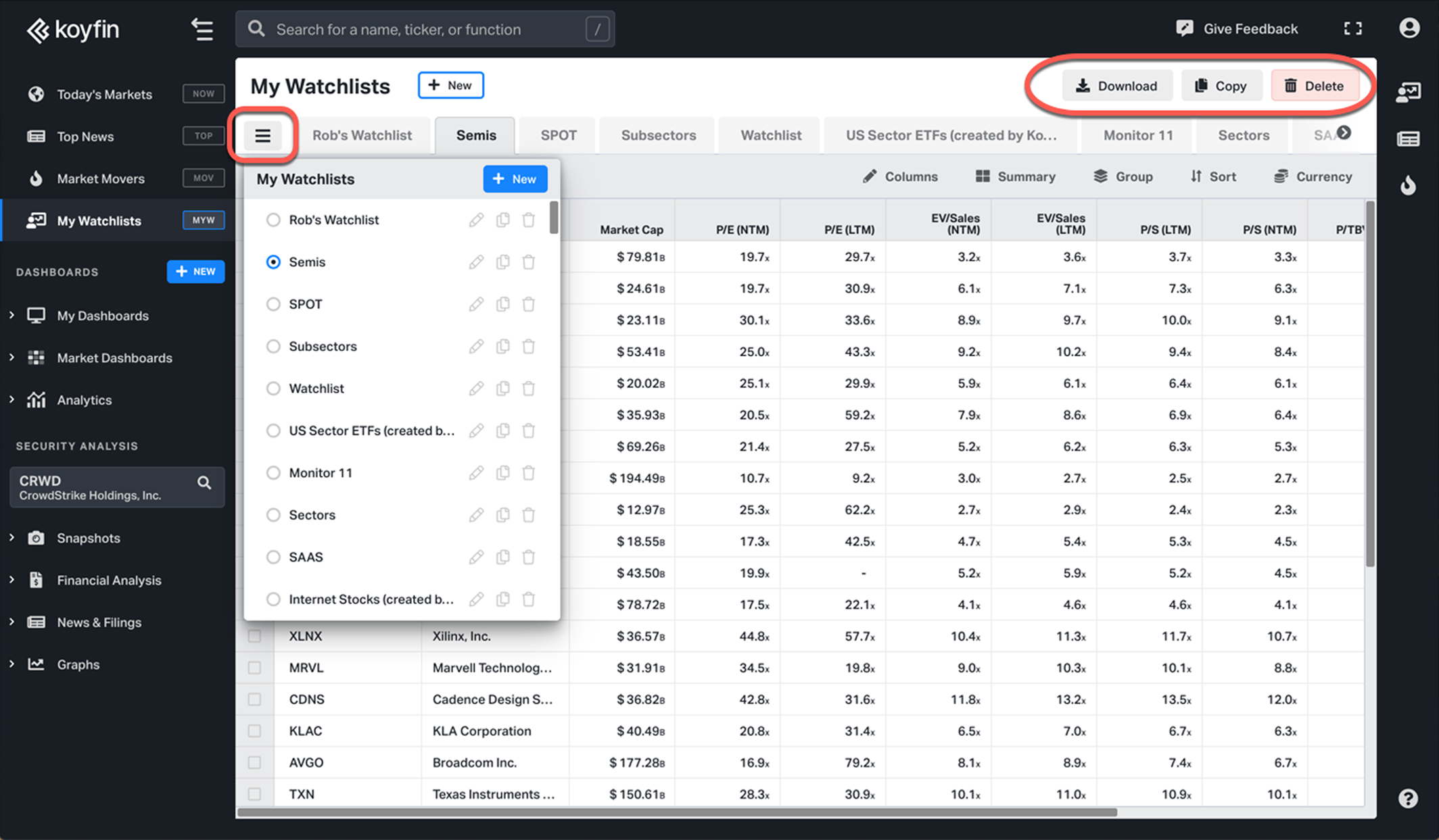 Actions with watchlists on Koyfin