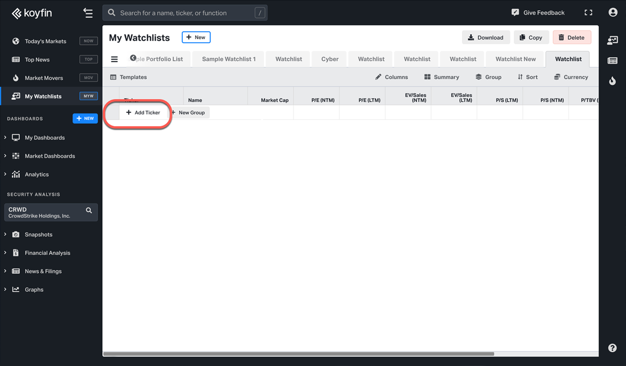 Adding Tickers on Koyfin