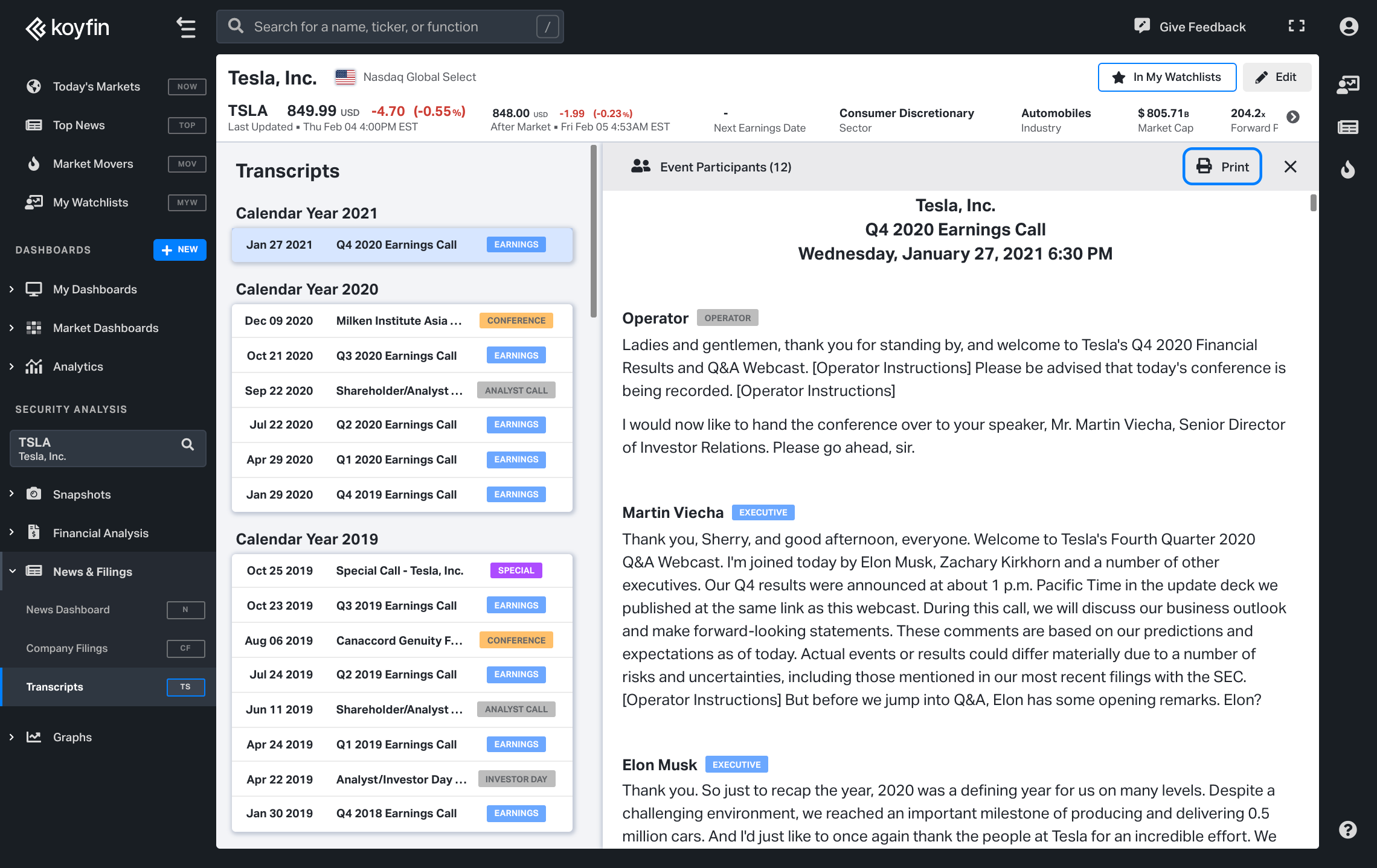 Print a corporate transcript to a PDF on Koyfin
