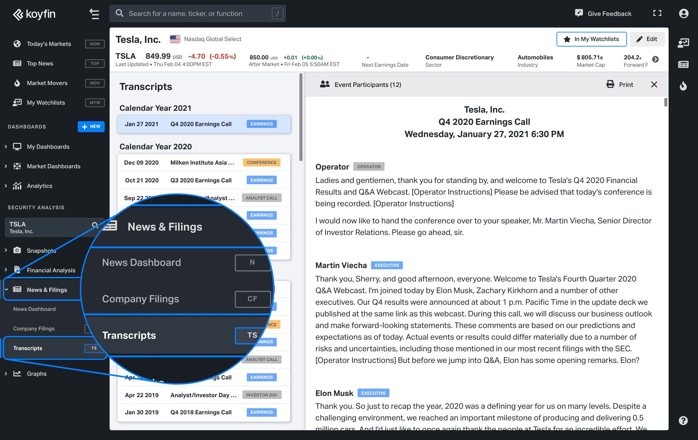 Corporate Transcripts location on Koyfin