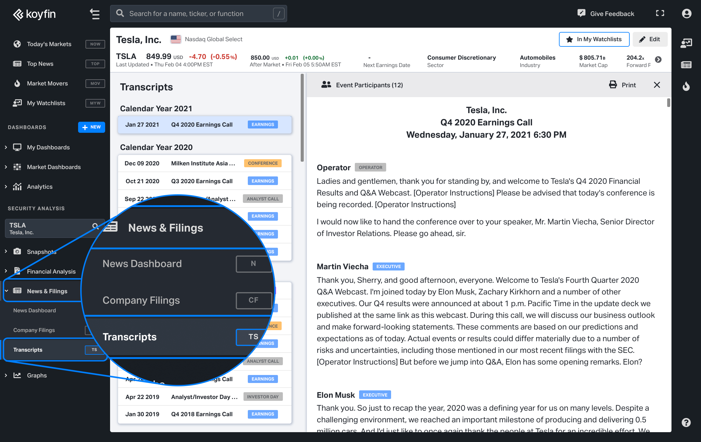 Corporate transcripts on Koyfin