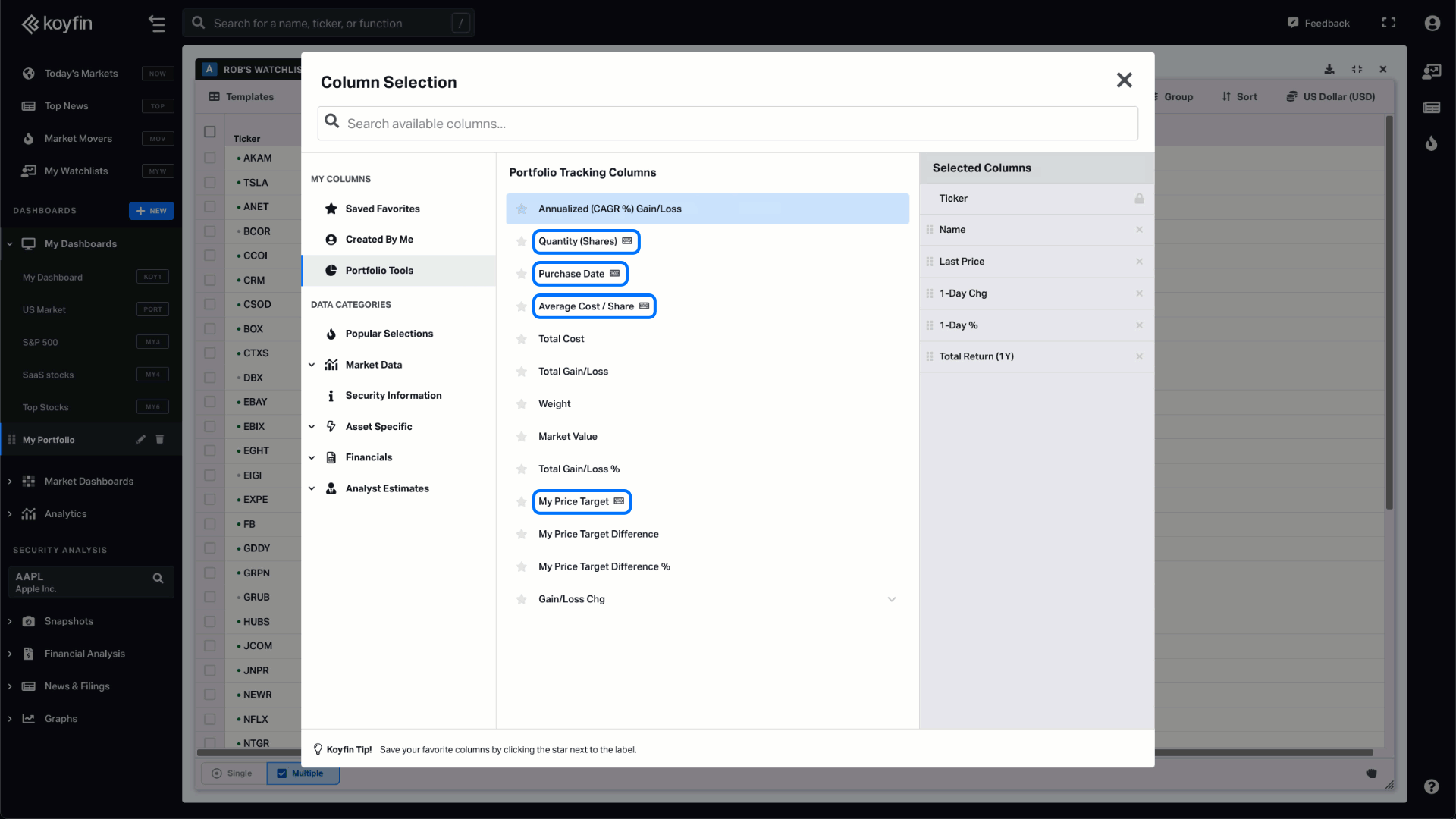 Portfolio tracking columns on Koyfin 