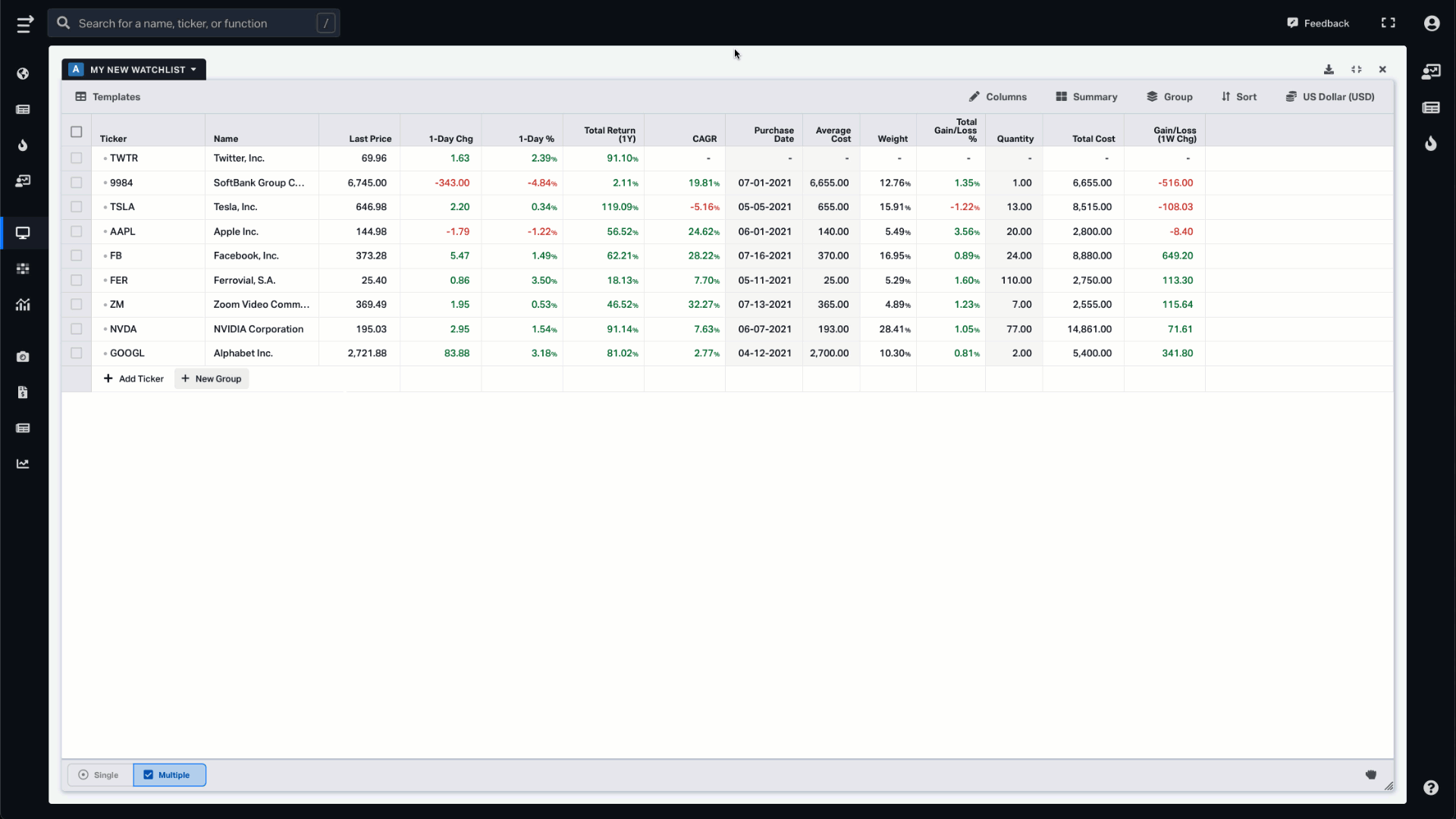 How to use portfolio tracking columns on Koyfin