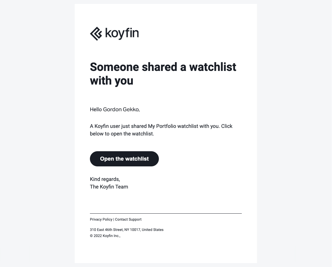 Shared watchlist of securities at Koyfin