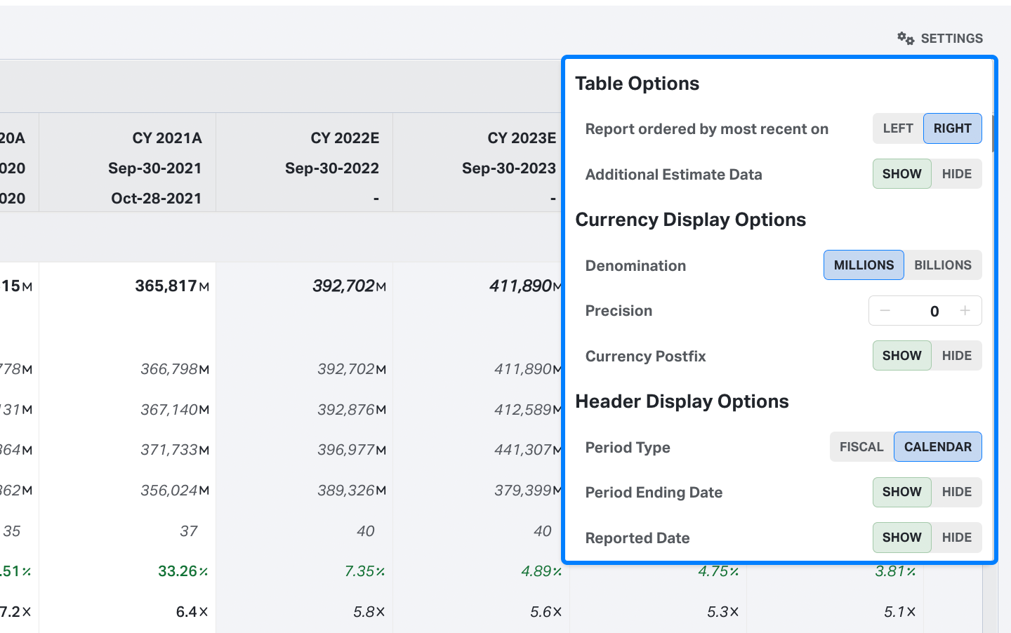 Table Settings functionality on Koyfin