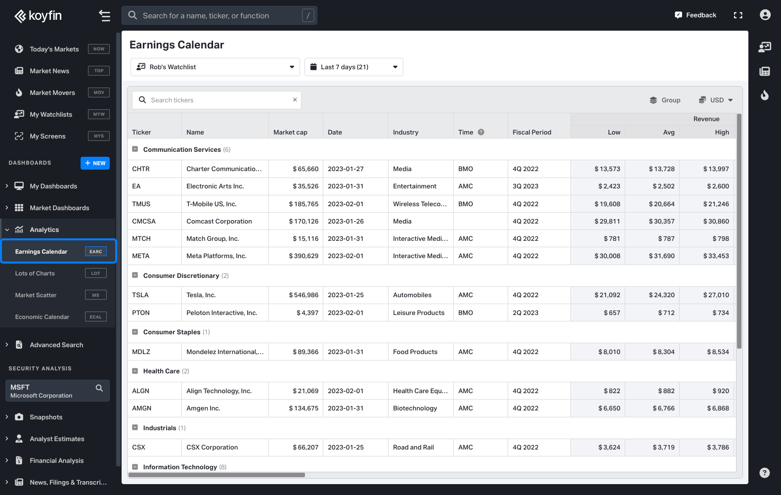 Earnings Calendar on Koyfin