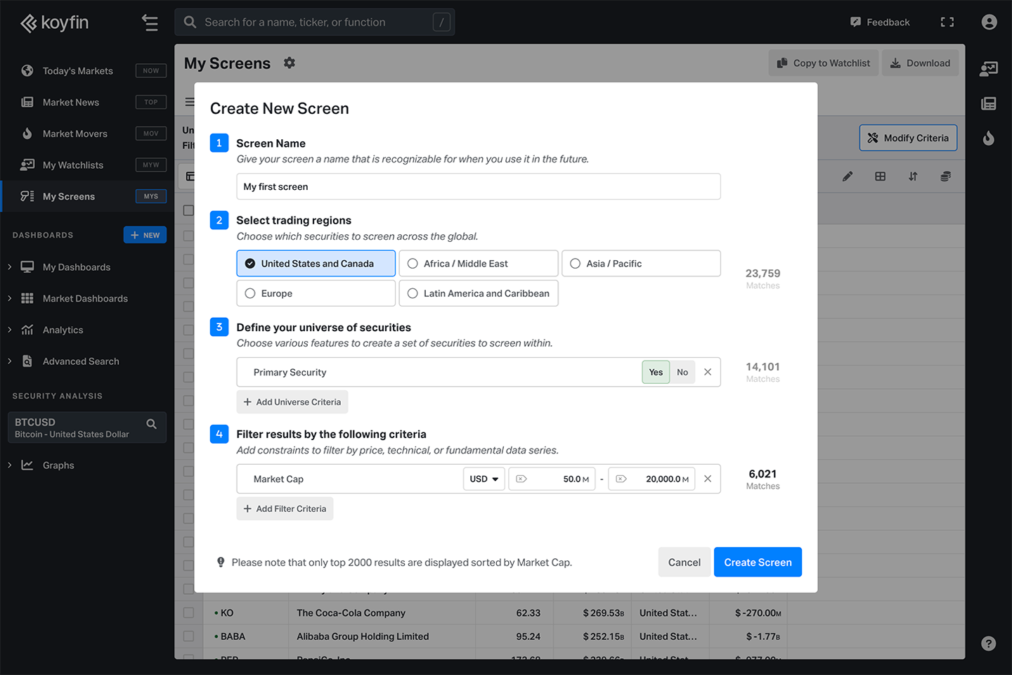 Stock Screener Feature - Koyfin