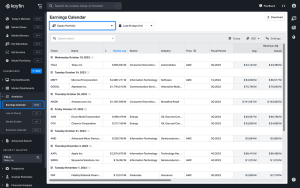 Earnings calendar on Koyfin