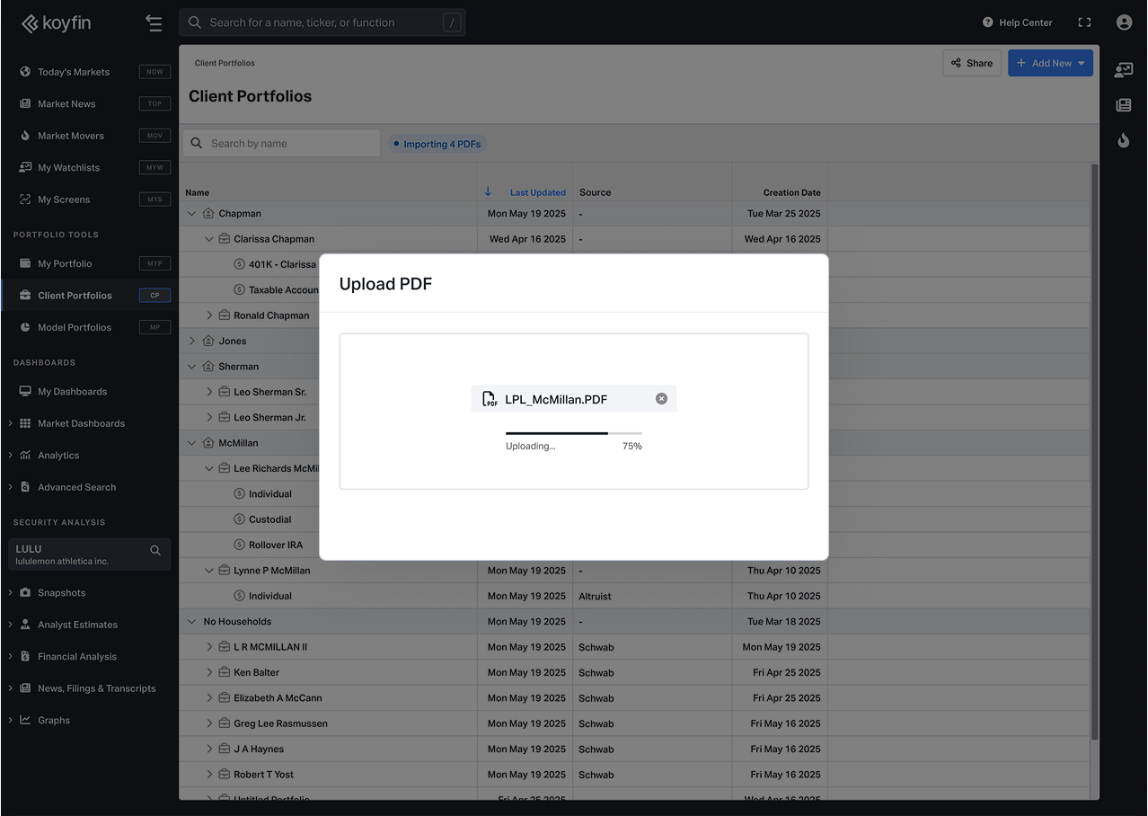 PDF brokerage statement upload on Koyfin