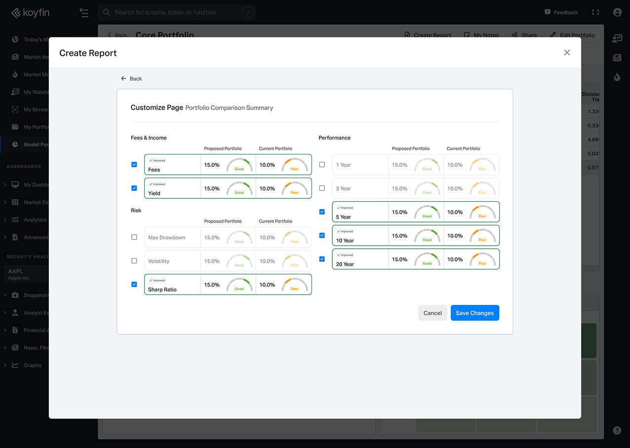 Adjustable outputs for reports and proposals on Koyfin 