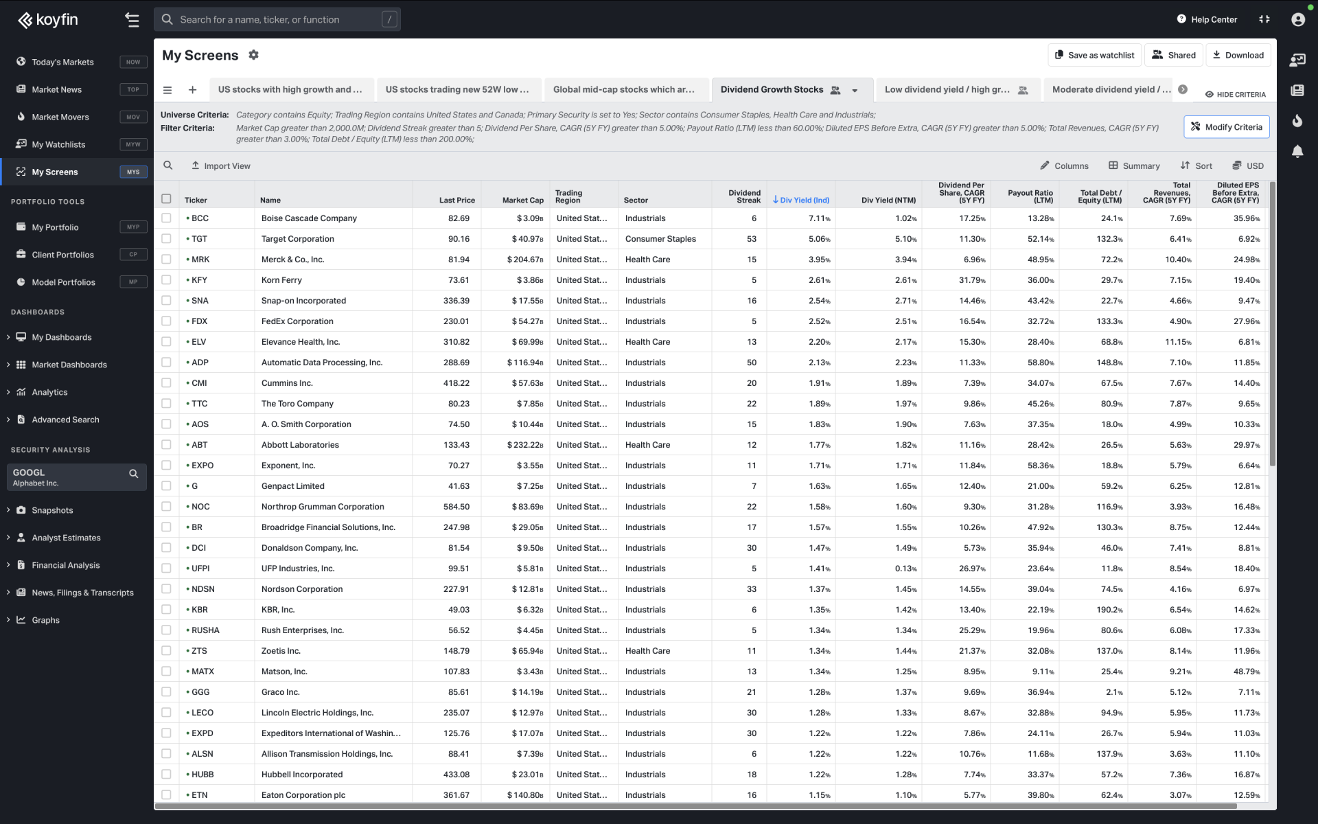 Dividend growth stock screener on Koyfin